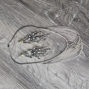 Antique Silver Chandelier Dangle Earrings and Draped Chain Necklace